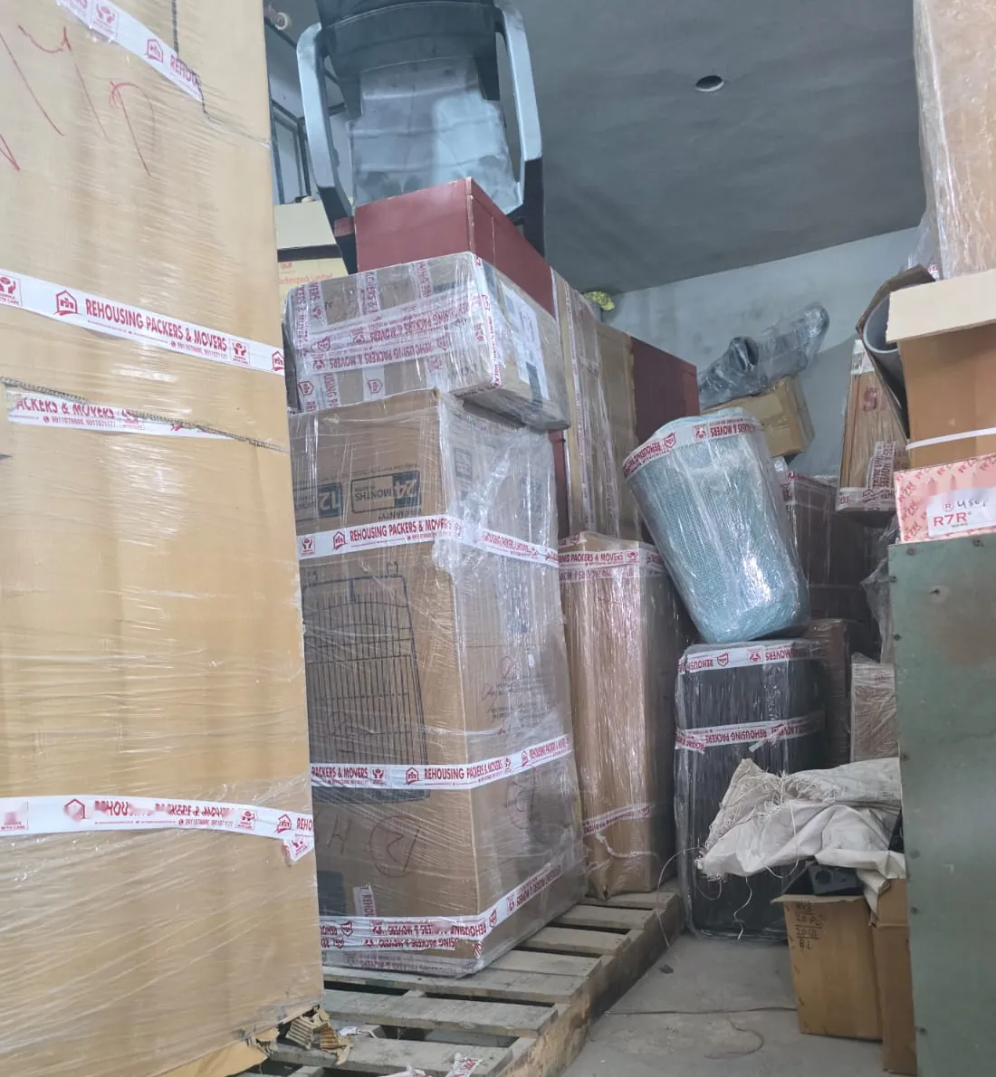 Packed cartons stacked on pallets at the Sector 102 Gurugram warehouse